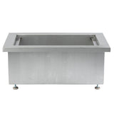 A rectangular stainless steel Single Ice Well with a smooth, brushed finish. It features a deep basin, raised edges, and adjustable metal legs with round feet—an industrial design ideal for commercial kitchen use.
