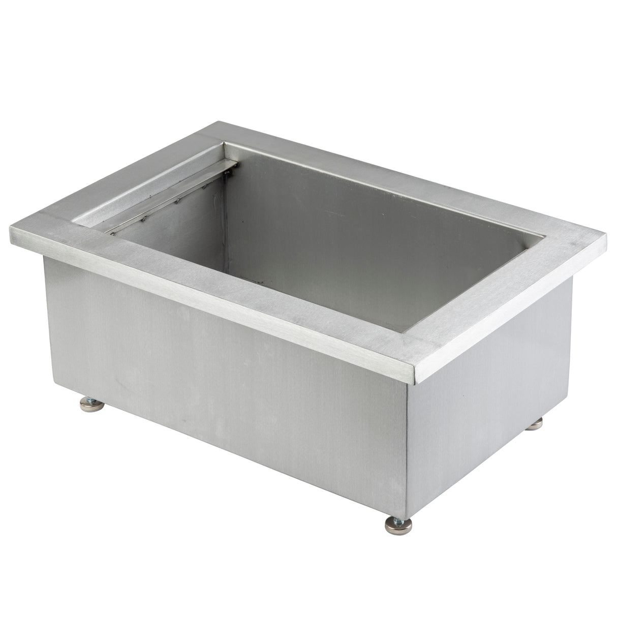 A rectangular stainless steel TableCraft CW8002BRA Single Ice Well or drop-in pan with a wide rim, viewed at an angle. The deep interior is empty, the brushed metal finish exterior features four small adjustable feet at the base corners.