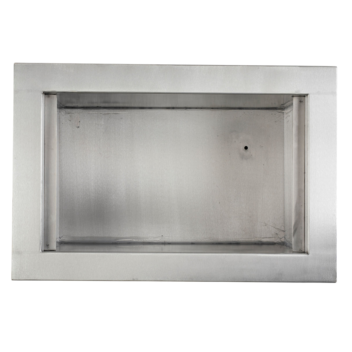 A rectangular, metallic, recessed wall box with a brushed steel finish, similar to the TableCraft CW8002BRA Single Ice Well, features sharp edges, a small circular hole on the back panel, and a flat border. The background is plain white.