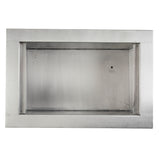 A rectangular, metallic, recessed wall box with a brushed steel finish, similar to the TableCraft CW8002BRA Single Ice Well, features sharp edges, a small circular hole on the back panel, and a flat border. The background is plain white.