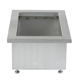 A rectangular stainless steel Portable Insulated Ice Well with an open top, smooth metallic surface, and four adjustable feet, viewed from the front against a white background.