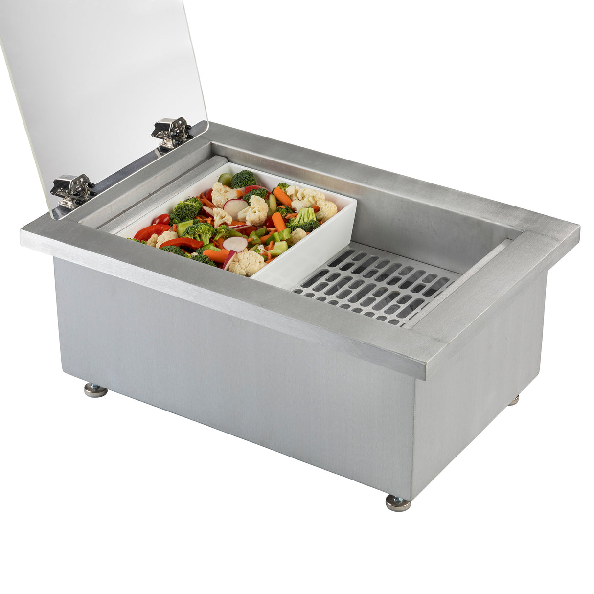 A stainless steel commercial food well with an aluminum brushed finish and a lifted lid contains a white tray filled with assorted steamed vegetables, including broccoli, cauliflower, carrots, and red bell peppers. A vented grate sits next to the tray inside the well.