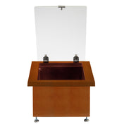 A portable insulated ice well with a copper-lined interior stands on four metal feet. The box features a slanted top edge and an open, hinged acrylic lid at the back, revealing the inside. The background is plain white.