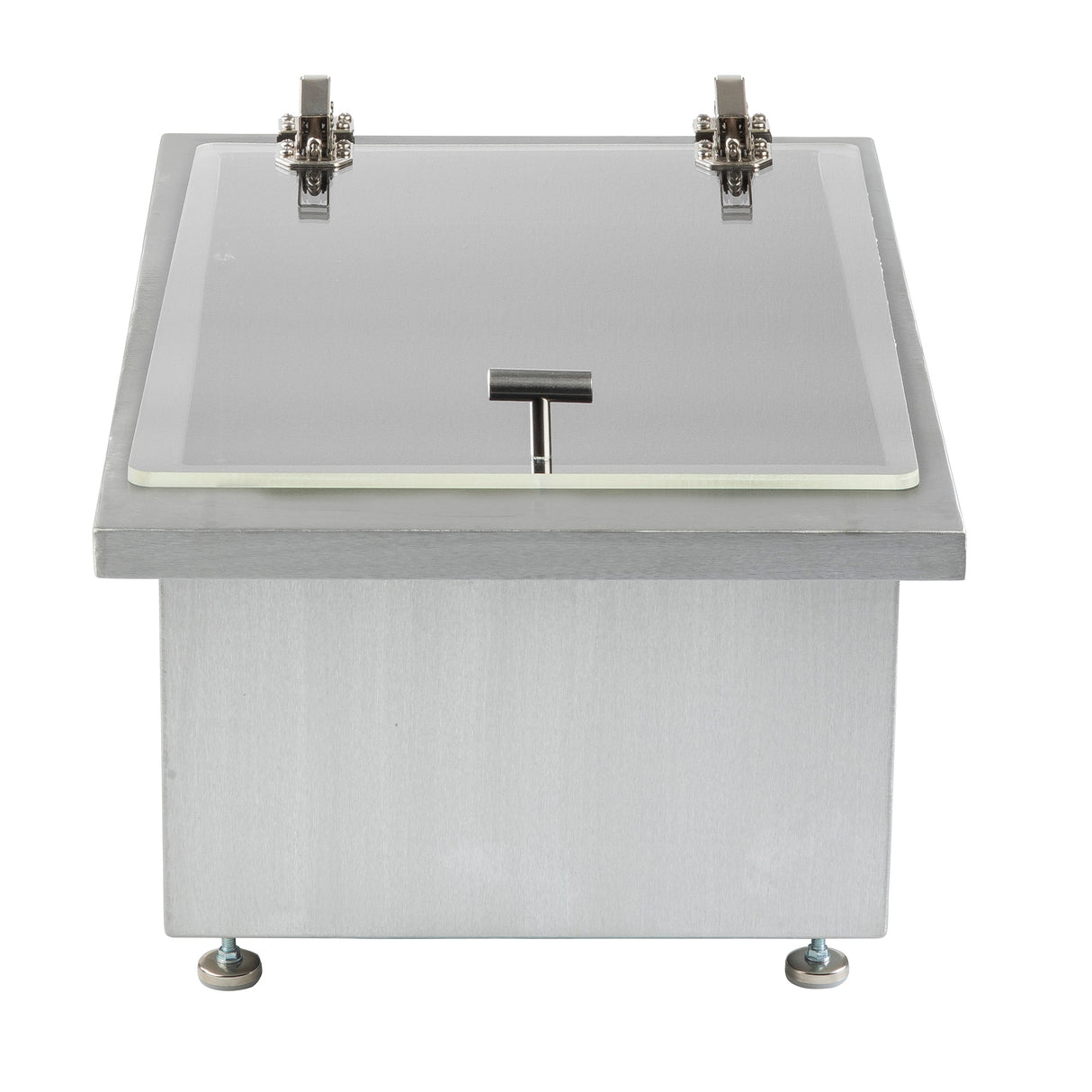 Rectangular stainless steel box with a flat, clear acrylic lid featuring a metal handle at the center front. Two metal hinges are visible at the top, and the box stands on four small adjustable feet, one at each corner.