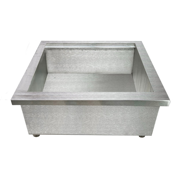 A rectangular, stainless steel sink or basin with straight edges and a deep, spacious interior—ideal as a Portable Insulated Ice Well—shown against a white background. The front and inside feature a clean, brushed metal finish.