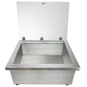 A large, rectangular stainless steel box with a raised acrylic lid attached by three metal hinges. The interior is empty and has a smooth, metallic surface. The box sits on four small legs, making it ideal as a Portable Insulated Ice Well for events.
