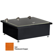 A rectangular, black aluminum display case with a glass top secured by three silver latches. The case stands on four metal legs and, in the bottom left, shows a swatch labeled TCP Translucent Copper with a copper hue.