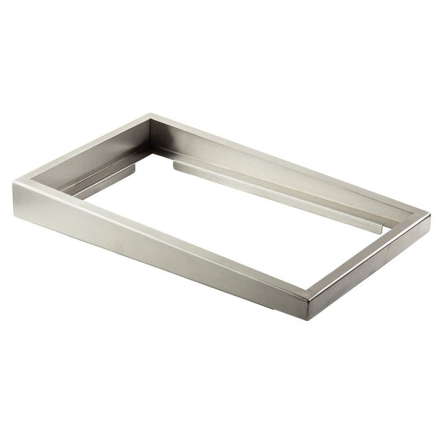 A rectangular, metallic, stainless steel frame with a wide, flat border rests on a white background. This modern riser features clean, straight edges and a shiny finish, combining sleek style with durable, dishwasher-safe convenience.