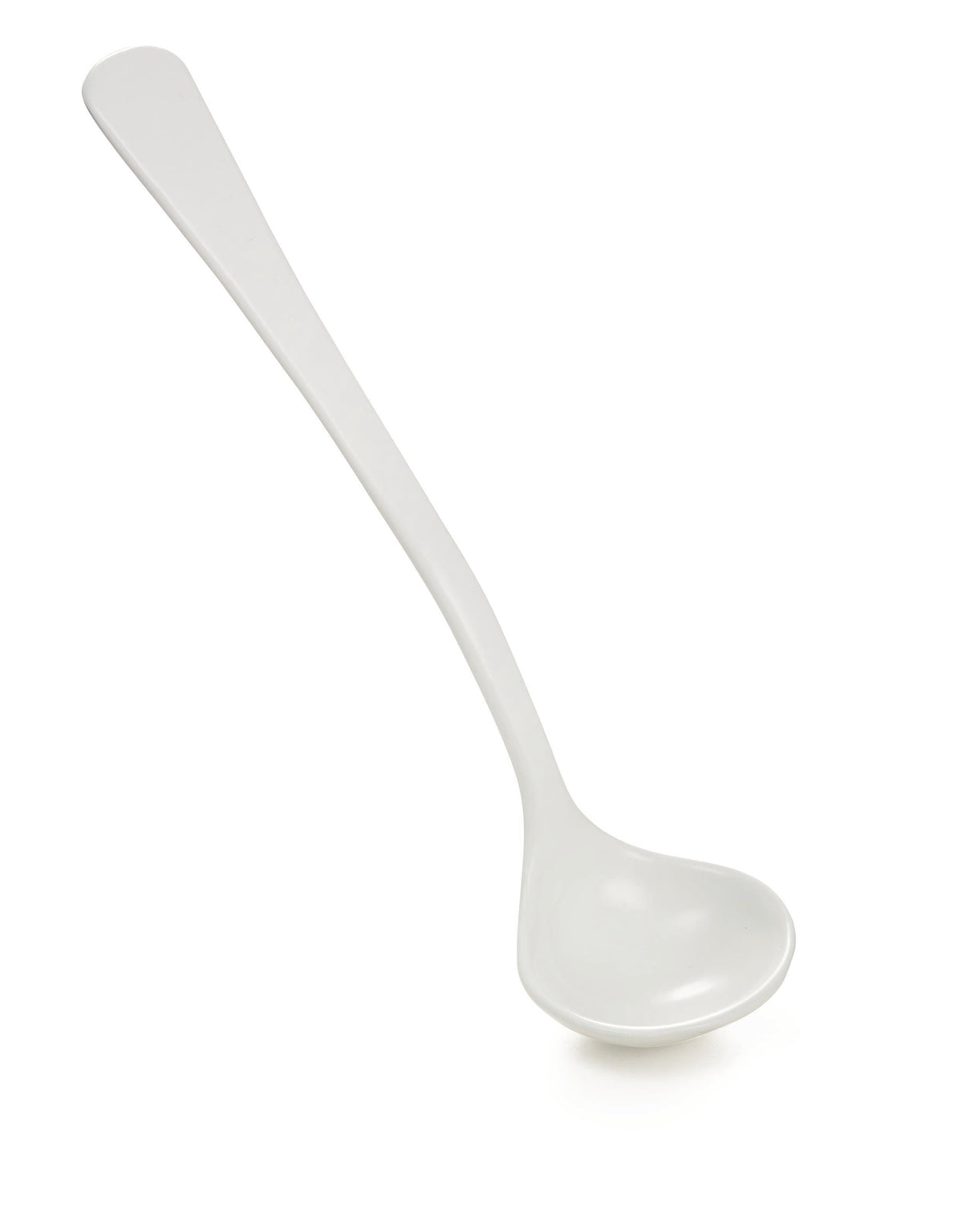 A white ceramic ladle with a long, gently curved handle and a deep, rounded bowl. The ladle is positioned diagonally on a plain white background, perfect for cold holding sauces or soups, with its handle extending to the top left.