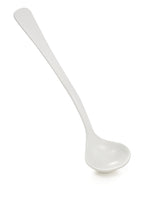 A white ceramic ladle with a long, gently curved handle and a deep, rounded bowl. The ladle is positioned diagonally on a plain white background, perfect for cold holding sauces or soups, with its handle extending to the top left.