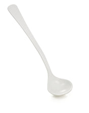 A white ceramic ladle with a long, gently curved handle and a deep, rounded bowl. The ladle is positioned diagonally on a plain white background, perfect for cold holding sauces or soups, with its handle extending to the top left.