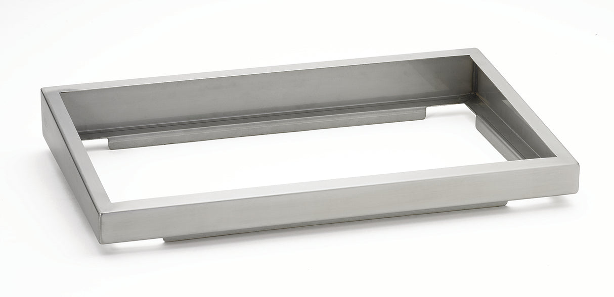 A rectangular, silver-colored stainless steel tray with raised edges and an open bottom, shown on a plain white background. This sturdy riser features a modern, minimalist design and is also dishwasher safe for easy cleaning.