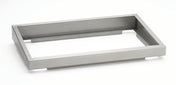 A rectangular, silver-colored stainless steel tray with raised edges and an open bottom, shown on a plain white background. This sturdy riser features a modern, minimalist design and is also dishwasher safe for easy cleaning.