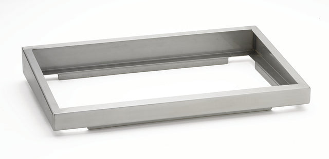 A rectangular, silver-colored stainless steel tray with raised edges and an open bottom, shown on a plain white background. This sturdy riser features a modern, minimalist design and is also dishwasher safe for easy cleaning.