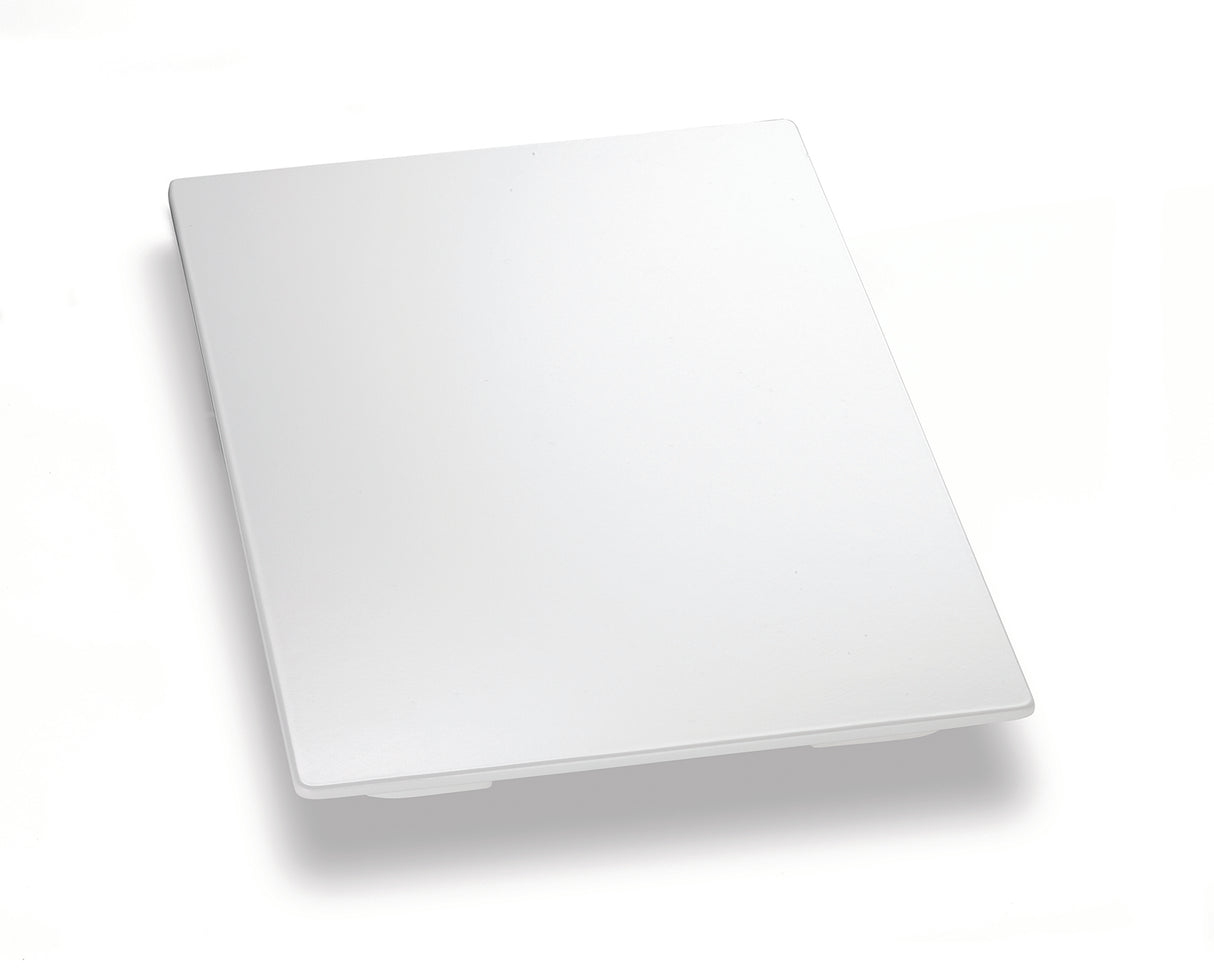 A sleek, rectangular, silver-colored aluminum touchpad sits on a white background. The full-size touchpad is thin, flat, and tilted slightly, showing its smooth surface and clean edges with no visible buttons or logos.