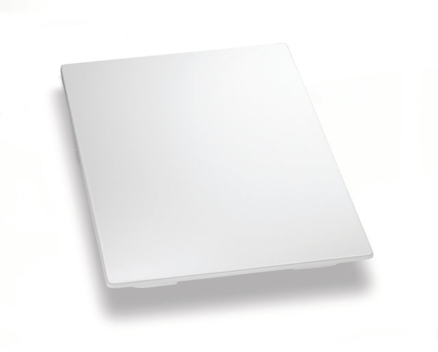 A sleek, rectangular, silver-colored aluminum touchpad sits on a white background. The full-size touchpad is thin, flat, and tilted slightly, showing its smooth surface and clean edges with no visible buttons or logos.