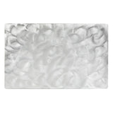 A rectangular aluminum sheet with a brushed, swirled texture covers the entire surface, creating an abstract pattern of overlapping circular and curved lines in varying shades of silver and gray; dishwasher safe for easy cleaning.