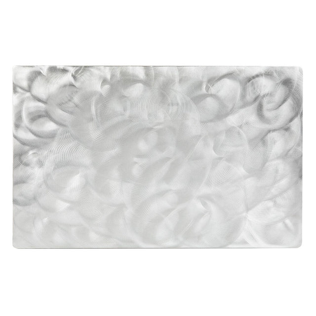 A rectangular aluminum sheet with a brushed, swirled texture covers the entire surface, creating an abstract pattern of overlapping circular and curved lines in varying shades of silver and gray; dishwasher safe for easy cleaning.
