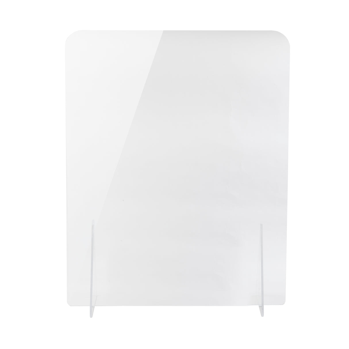 A clear acrylic shield with rounded top corners stands upright on two transparent support legs against a plain white background. This portable countertop safety shield is glossy, rectangular, and designed for protective separation.