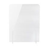 A clear acrylic shield with rounded top corners stands upright on two transparent support legs against a plain white background. This portable countertop safety shield is glossy, rectangular, and designed for protective separation.