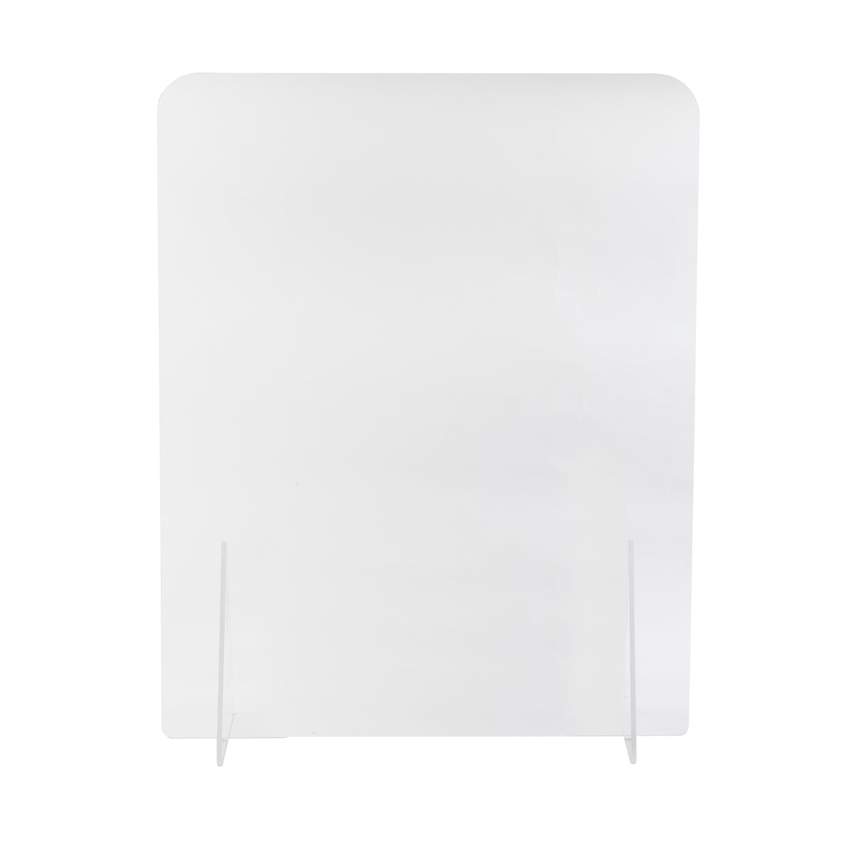 A clear, rectangular acrylic Safety Shield with rounded top corners stands upright on two transparent support legs against a plain white background. This portable countertop guard is smooth, transparent, and designed as a protective barrier for desks or counters.