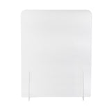A clear, rectangular acrylic Safety Shield with rounded top corners stands upright on two transparent support legs against a plain white background. This portable countertop guard is smooth, transparent, and designed as a protective barrier for desks or counters.