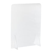 A clear acrylic shield with rounded top corners and two triangular support stands at the bottom. This countertop Safety Shield stands upright, providing a transparent barrier for protection at desks or counters. The background is plain white.