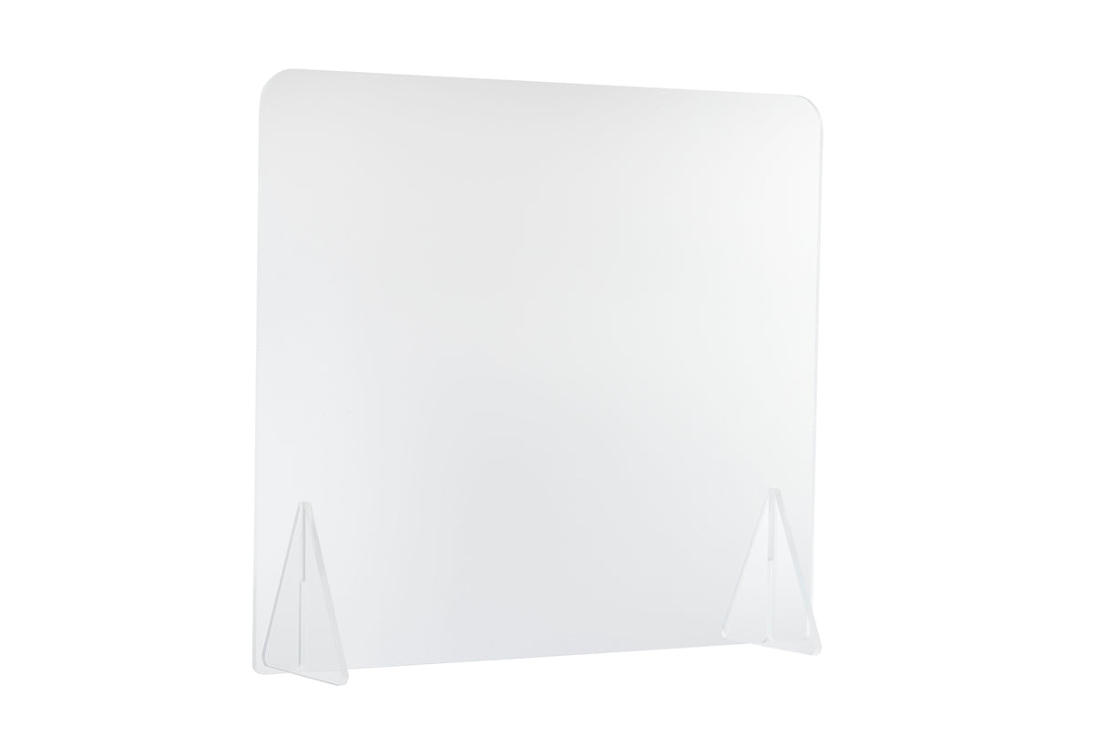 A clear acrylic Safety Shield with rounded top corners stands upright on two triangular supports. This transparent, rectangular countertop panel is freestanding and designed to provide a protective barrier on desks or counters.