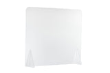 A clear acrylic shield sneeze guard panel with rounded top corners stands upright on two transparent triangular support feet, against a plain white background. This portable countertop shield is designed as a protective barrier for desks or counters.