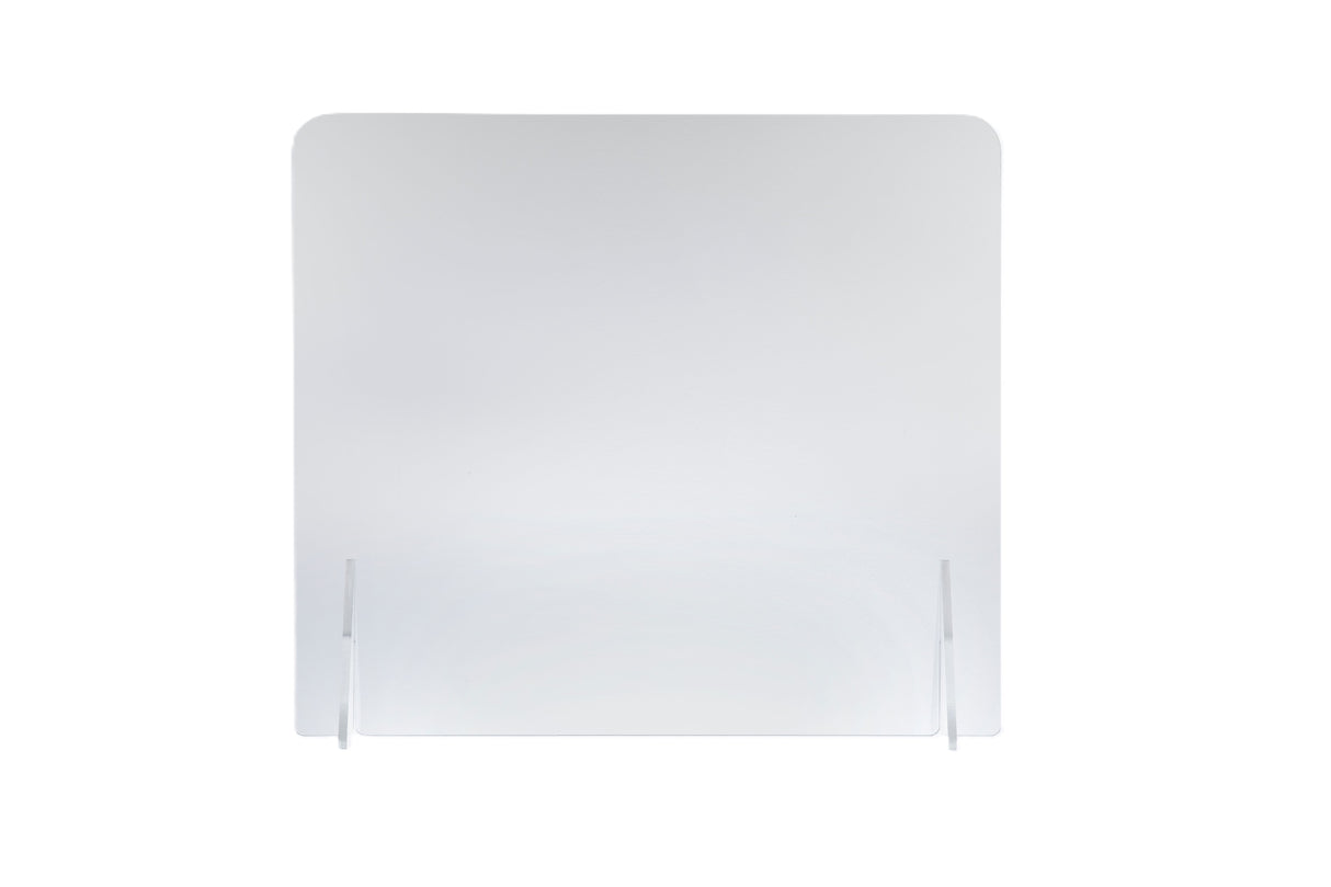 A clear acrylic shield with rounded top corners stands upright on two transparent support feet against a white background. This portable countertop shield acts as a protective barrier, often used on desks or counters for enhanced hygiene and safety.