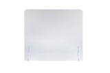 A clear acrylic shield with rounded top corners stands upright on two transparent support feet against a white background. This portable countertop shield acts as a protective barrier, often used on desks or counters for enhanced hygiene and safety.