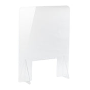 A clear acrylic shield sneeze guard with rounded top corners and a rectangular cutout at the bottom center. This portable countertop shield stands upright on two angled support legs, ideal for safety in offices or customer service areas.