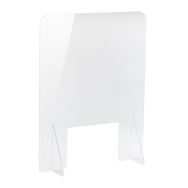 A clear acrylic shield sneeze guard with rounded top corners and a rectangular cutout at the bottom center. This portable countertop shield stands upright on two angled support legs, ideal for safety in offices or customer service areas.
