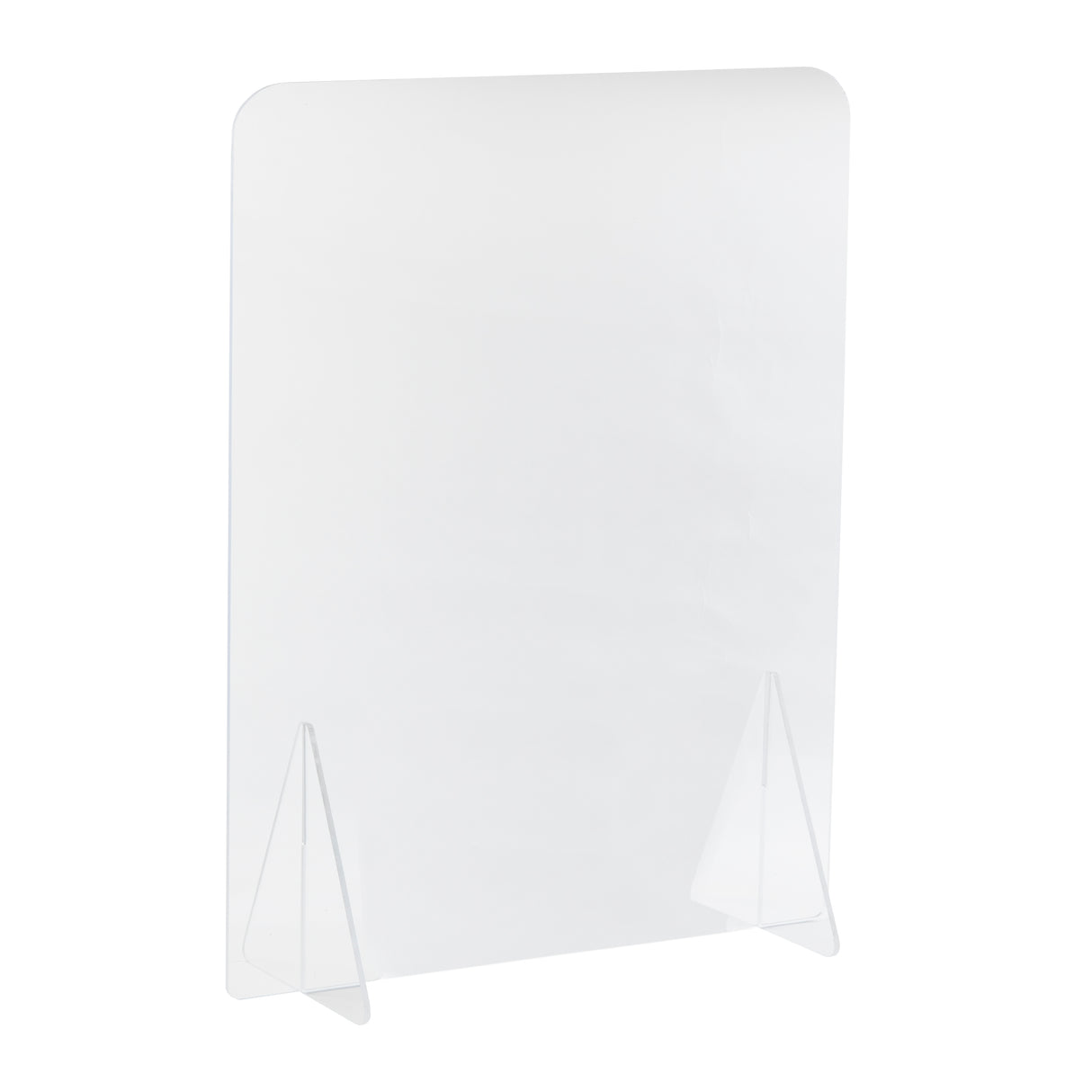 A clear acrylic Safety Shield with rounded top corners stands upright on two triangular side supports, against a plain white background. This portable countertop barrier is designed to offer protection on desks or counters.