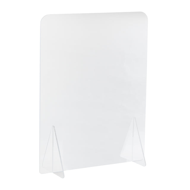 A clear acrylic Safety Shield with rounded top corners stands upright on two triangular side supports, against a plain white background. This portable countertop barrier is designed to offer protection on desks or counters.