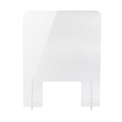 A clear acrylic safety shield with rounded top corners and a rectangular cutout at the bottom center. This portable countertop shield stands upright with two supporting legs, serving as a protective barrier on desks or counters against airborne particles.