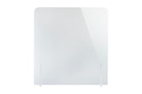 A clear acrylic Safety Shield with rounded top corners stands upright on two support legs against a plain white background. The surface reflects light, highlighting its glossy, transparent look and simple, hygienic design as a portable countertop barrier.