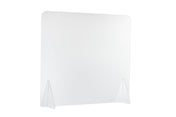 A clear, rectangular acrylic Safety Shield with rounded top corners stands upright on two triangular transparent supports, isolated on a white background. This portable countertop barrier is designed for protection at counters or desks.