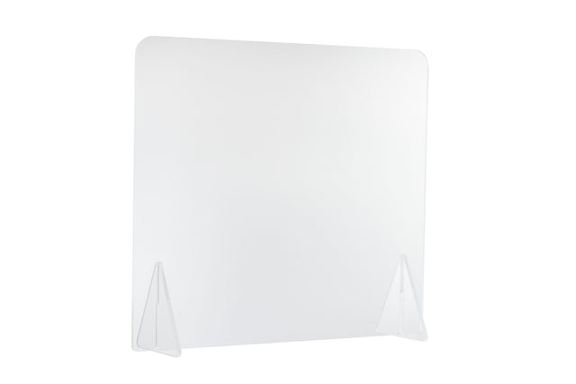 A clear, rectangular acrylic Safety Shield with rounded top corners stands upright on two triangular transparent supports, isolated on a white background. This portable countertop barrier is designed for protection at counters or desks.