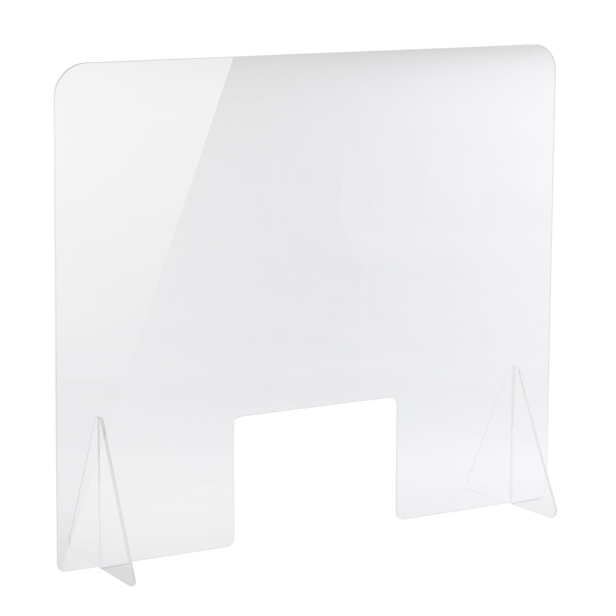 A clear acrylic safety shield with rounded top corners, supported by two triangular side stands. This countertop guard features a rectangular cutout at the bottom center for passing items through while maintaining a protective barrier.