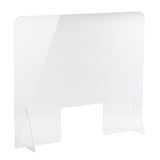 A clear acrylic safety shield with rounded top corners, supported by two triangular side stands. This countertop guard features a rectangular cutout at the bottom center for passing items through while maintaining a protective barrier.