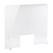 A clear acrylic safety shield with rounded top corners, supported by two triangular side stands. This countertop guard features a rectangular cutout at the bottom center for passing items through while maintaining a protective barrier.