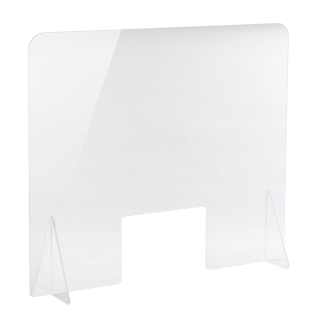 A clear acrylic safety shield with rounded top corners, supported by two triangular side stands. This countertop guard features a rectangular cutout at the bottom center for passing items through while maintaining a protective barrier.