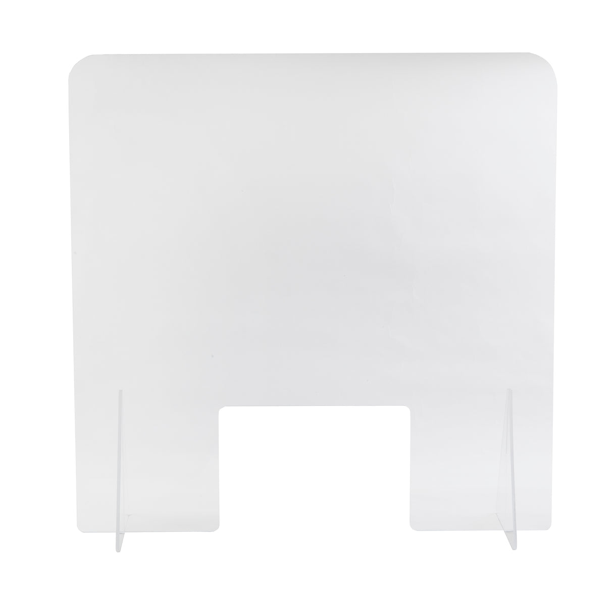 Clear acrylic safety shield with two supporting legs and a rectangular cutout at the bottom center, designed to sit on a countertop or desk, providing a protective barrier. The background is plain white.