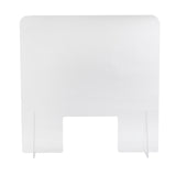 Clear acrylic safety shield with two supporting legs and a rectangular cutout at the bottom center, designed to sit on a countertop or desk, providing a protective barrier. The background is plain white.
