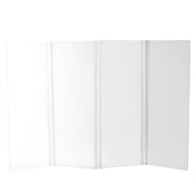 A four-panel white display board with folding hinges stands upright. Each smooth, blank panel is evenly separated by vertical folds, allowing the board to stand in a zigzag formation. The background is plain white.