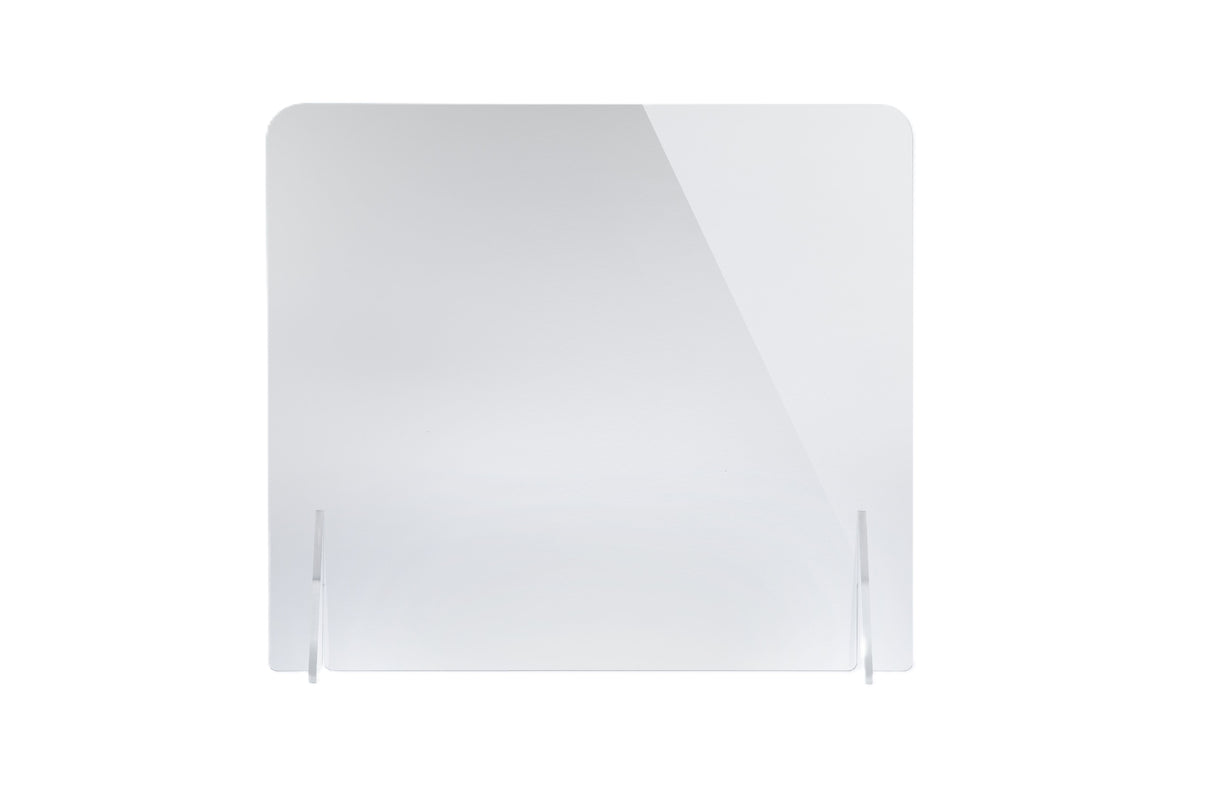 A clear acrylic safety shield with rounded top corners stands upright on two transparent support feet against a plain white background. This portable countertop guard features a reflective surface, with a diagonal light reflection on the upper right side.