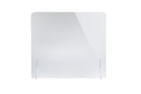 A clear acrylic safety shield with rounded top corners stands upright on two transparent support feet against a plain white background. This portable countertop guard features a reflective surface, with a diagonal light reflection on the upper right side.