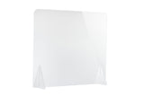 A portable countertop acrylic safety shield with rounded top corners stands upright on a flat surface, supported by two transparent triangular feet at the bottom for stability. The background is plain white.