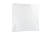 A portable countertop acrylic safety shield with rounded top corners stands upright on a flat surface, supported by two transparent triangular feet at the bottom for stability. The background is plain white.